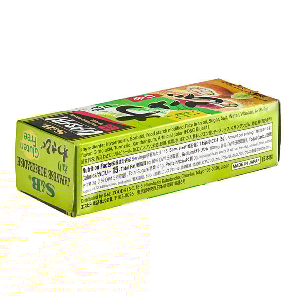 A case of S&B Wasabi Paste with a green box, white text, and black text.
