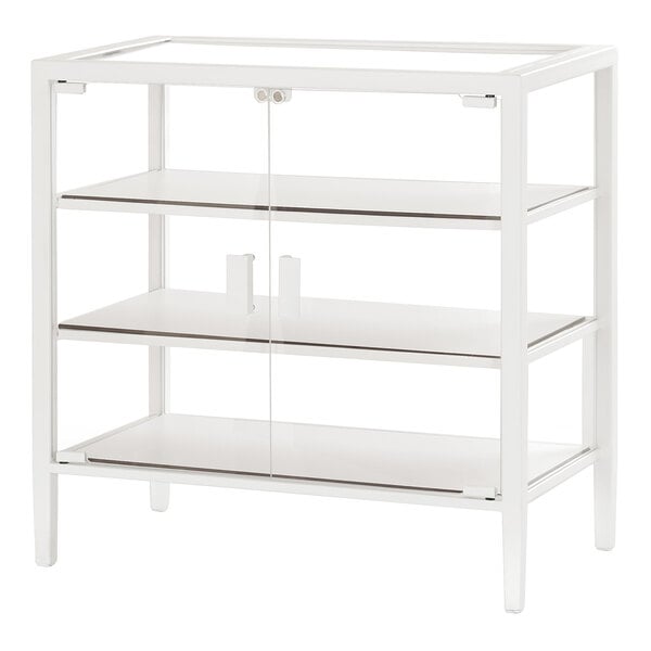A white Cal-Mil 3-tier bakery display case with glass doors.