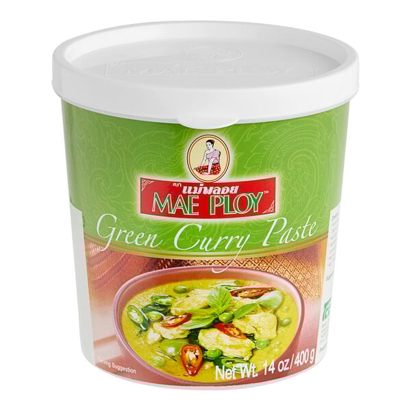 A container of Mae Ploy Green Curry Paste.
