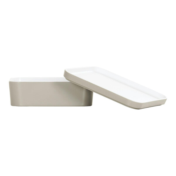 A white rectangular Cal-Mil melamine bento box with a lid open.