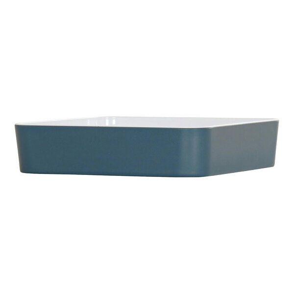 A blue square Cal-Mil melamine bento box with a white lid.