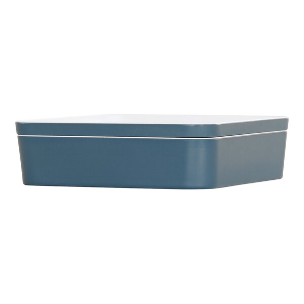 A blue rectangular Cal-Mil melamine bento box with a lid.