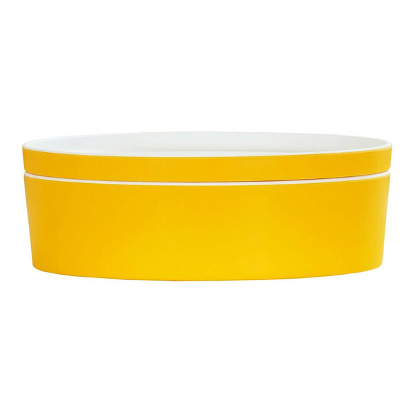 A yellow round melamine bowl with a white rim.