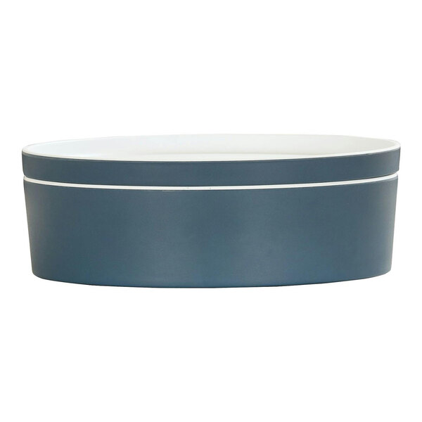 A close up of a blue Cal-Mil round melamine bowl with white stripes.