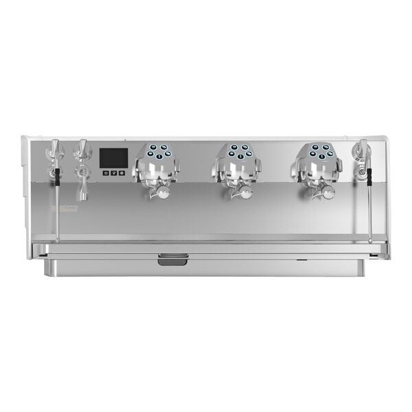 A matte white Victoria Arduino espresso machine on a counter.