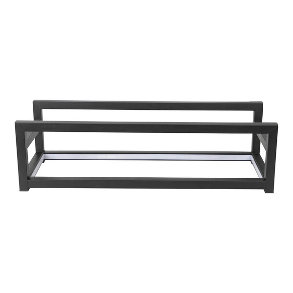 An Eastern Tabletop black powder-coated stainless steel rectangular display riser with LED lights.
