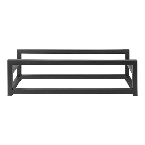 A black powder-coated stainless steel rectangular riser frame with two levels on a table.
