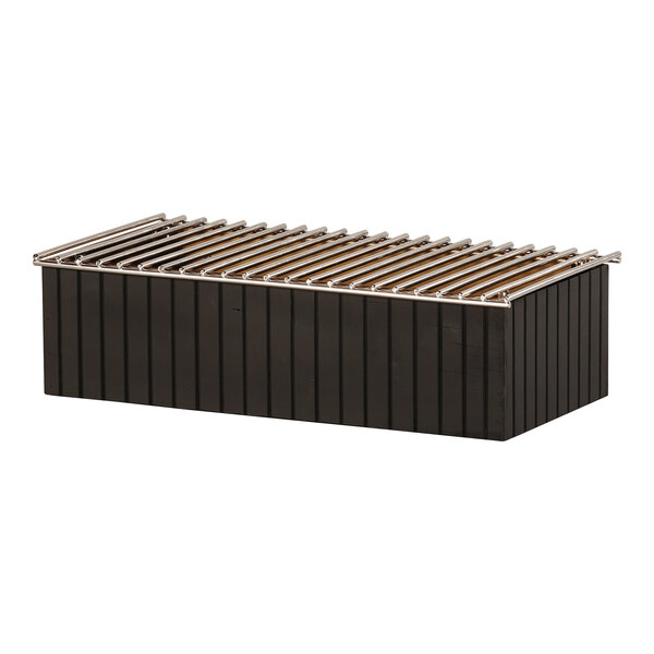 A black box with metal rods and wooden slats inside.