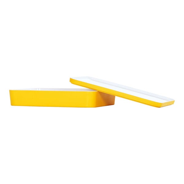 A sunshine yellow rectangular melamine bento box with a white border.