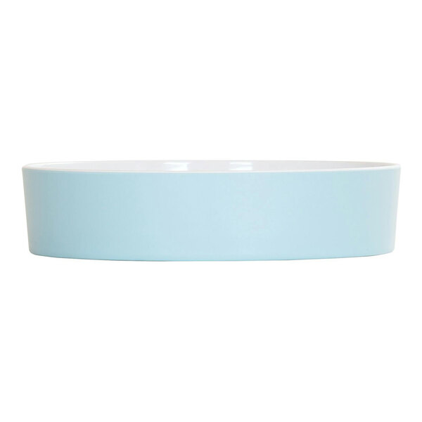 An ocean blue round melamine bowl with a white rim.