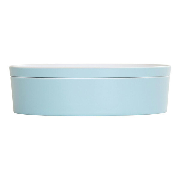 A blue Cal-Mil melamine bento box with a white lid.