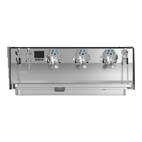 A matte black Victoria Arduino Eagle Tempo espresso machine on a counter.