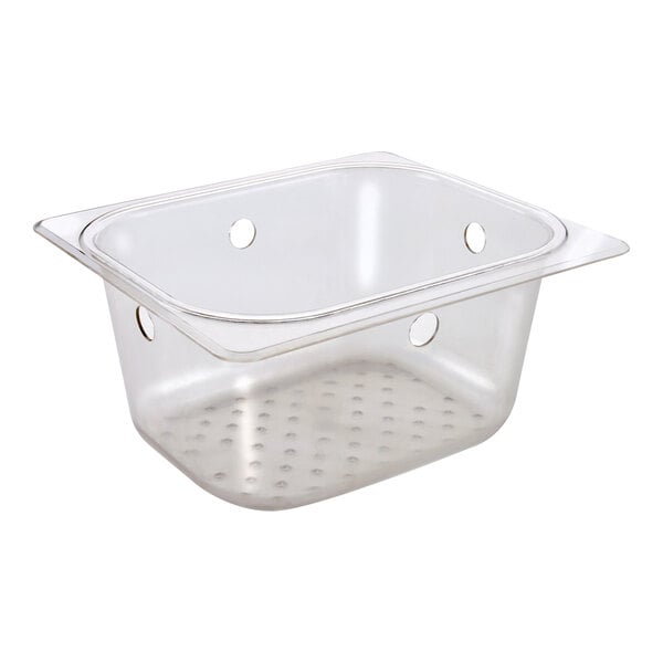 A clear plastic Krowne Royal Series sink bowl with holes.