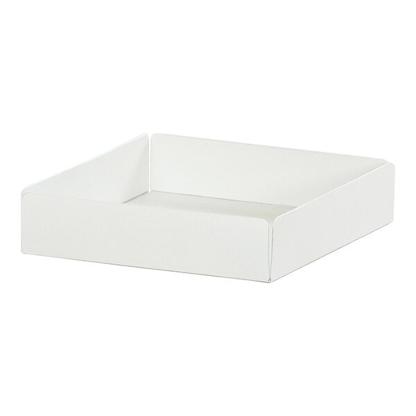A white metal modular condiment display box with a lid on a white surface.