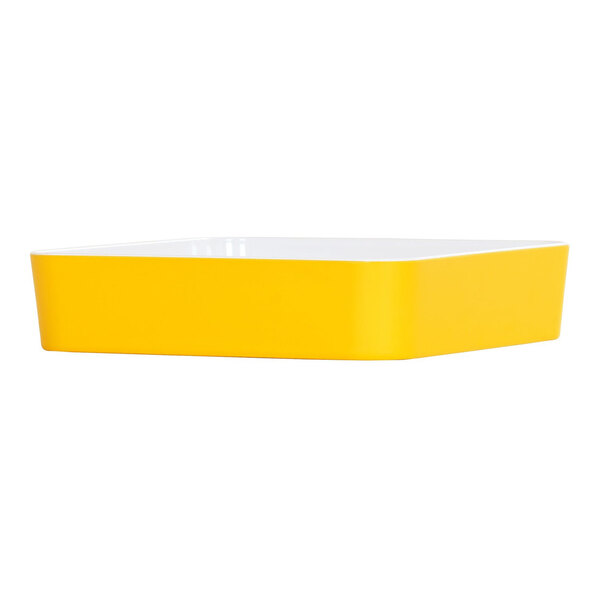 A yellow and white square Cal-Mil melamine bento box.