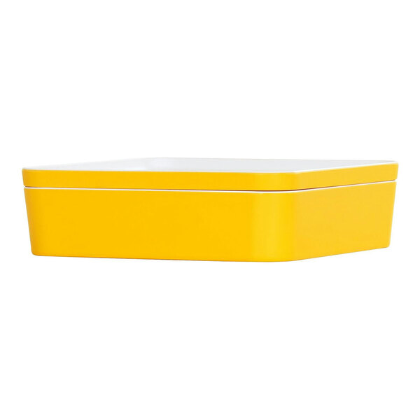 A sunshine yellow square melamine bento box with a white lid.
