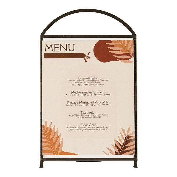 A black Cal-Mil arched sign holder with white and brown text on it.