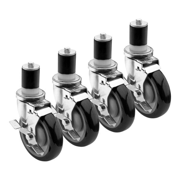 A row of four Krowne stem casters with black rubber wheels.