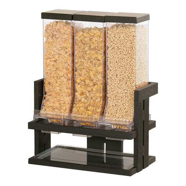 A Brooklyn 3-compartment cereal dispenser filled with three types of cereal.