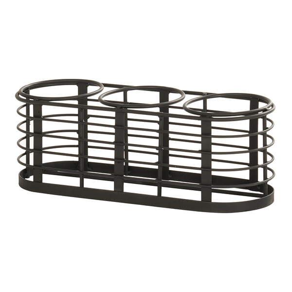 A black metal Cal-Mil Madison wire condiment display rack with three cylinders.