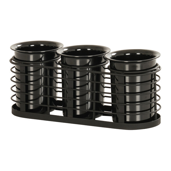 A black wire rack holding three black cylinder pots with lids.