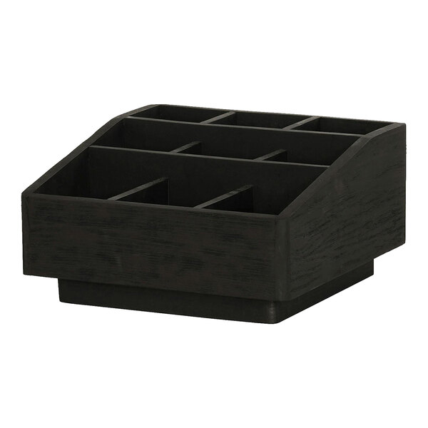 A black wooden Cal-Mil condiment organizer with 9 compartments.