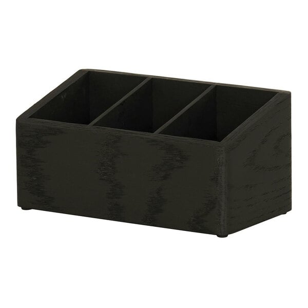 A black wooden flatware organizer with three compartments.