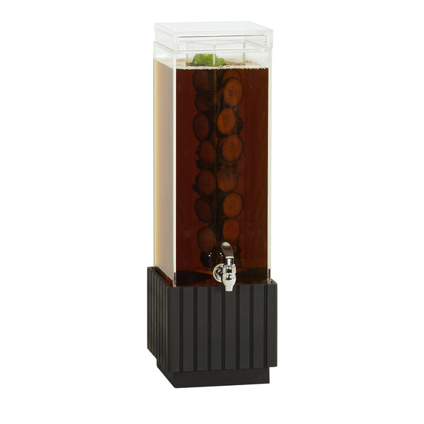 A Cal-Mil beverage dispenser with a black and ribbed wood base and an infusion chamber on a white background.