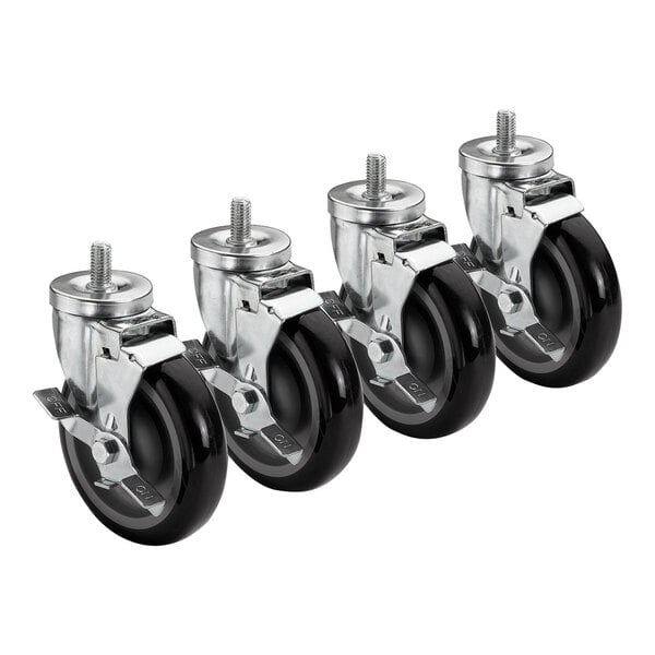A row of Krowne stem casters with black rubber wheels.