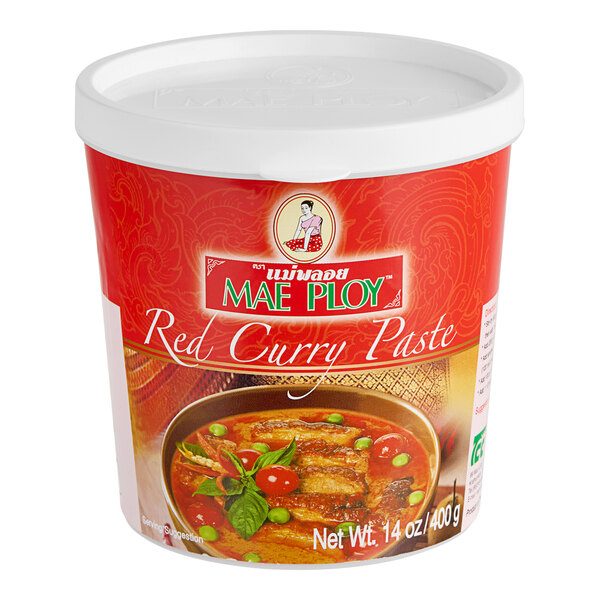 A case of Mae Ploy Red Curry Paste containers.