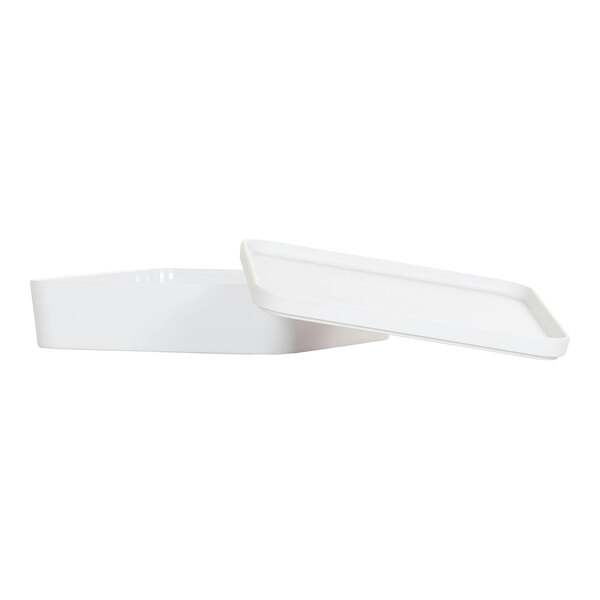 A white rectangular Cal-Mil melamine bento box with the lid open.