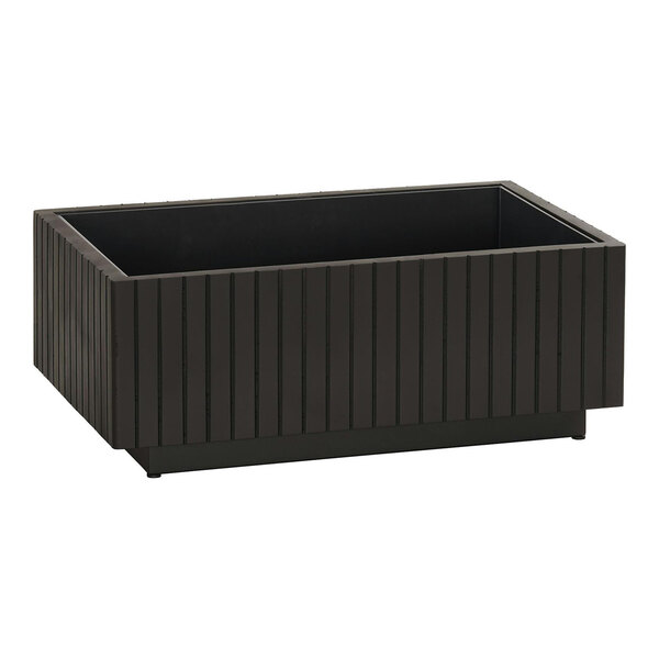 A black rectangular ice housing with a wooden base.