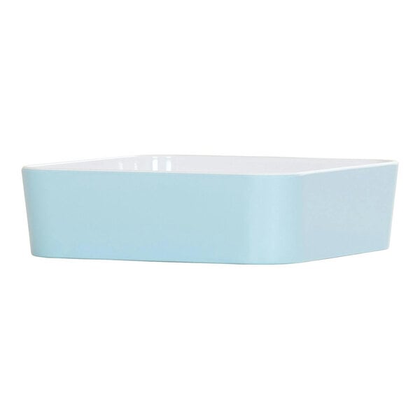 A blue square Cal-Mil melamine bento box with white edges.