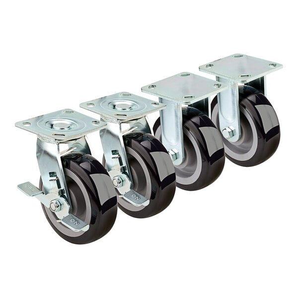 A row of four Krowne plate casters with black wheels.