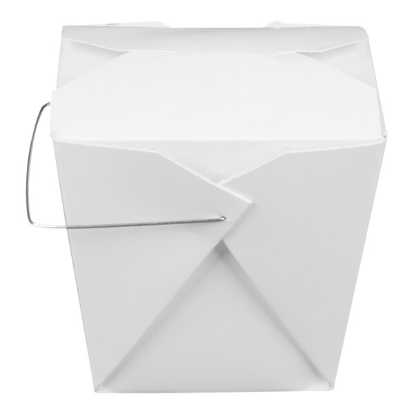 A white 32 oz. Chinese paper take-out container with a wire handle.