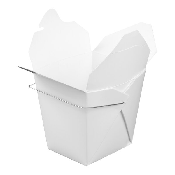 A white 32 oz. Chinese-style paper take-out container with a wire handle and open flaps.
