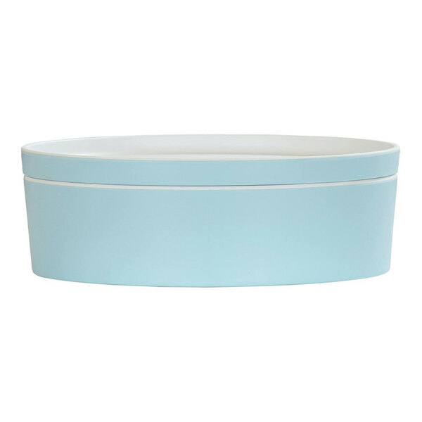 A blue oval container with a white lid.
