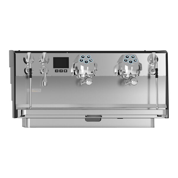 A matte black Victoria Arduino espresso machine with two coffee heads.