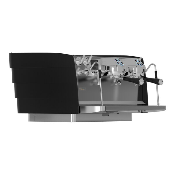 A Victoria Arduino Eagle Tempo Matte Black espresso machine with silver accents.