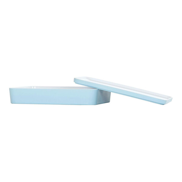 A white rectangular container with a blue lid.
