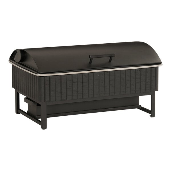 A black rectangular Cal-Mil wood chafer with a lid.