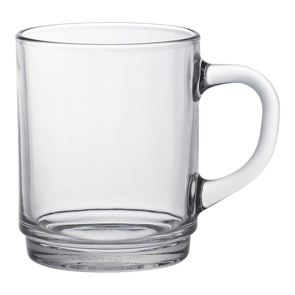 A stackable Duralex clear glass mug with a handle.