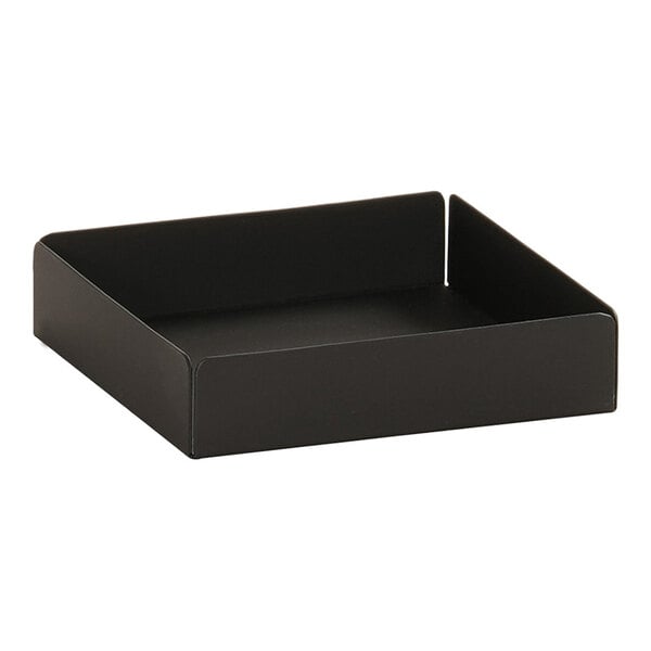 A black metal square modular condiment display tray.