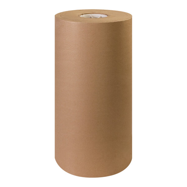 A close-up of a brown cylinder of Lavex Natural Kraft void fill packing paper.