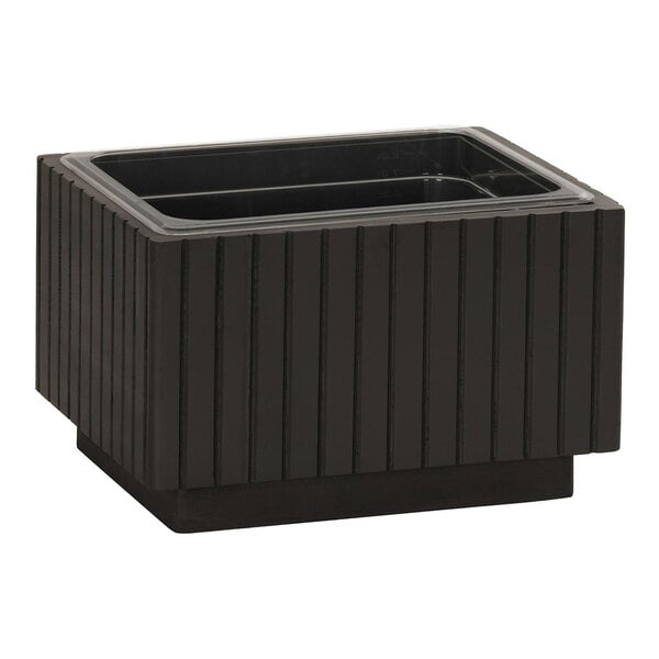 A black rectangular wood ice housing with a rectangular bottom.