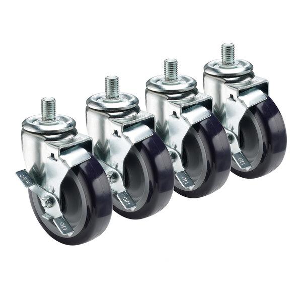 A row of Krowne stem casters with black rubber wheels.