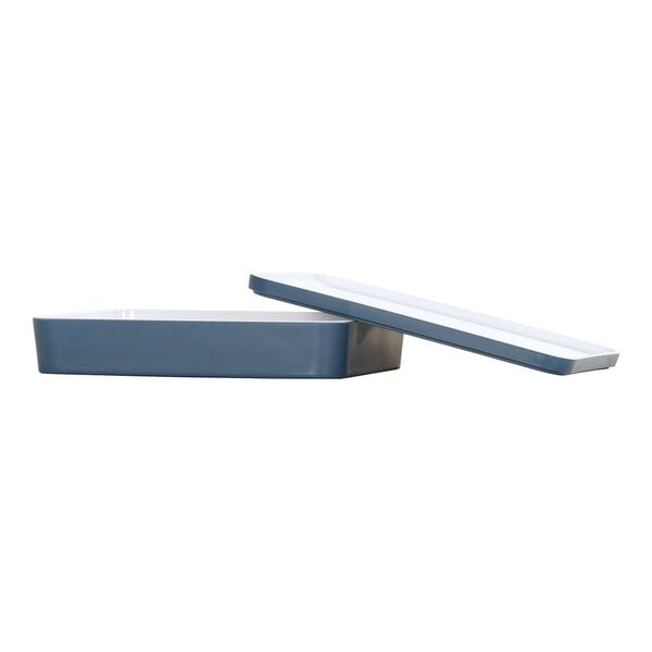 A blue rectangular Cal-Mil melamine bento box with a lid.