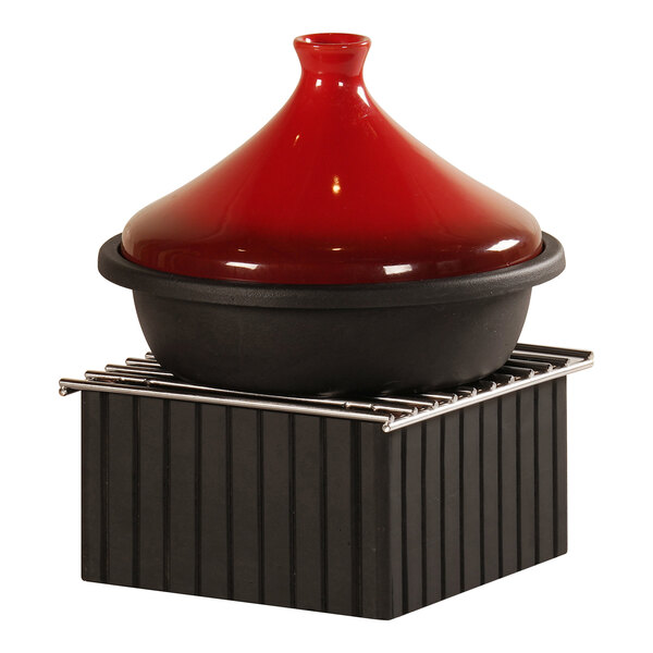 A black and red Cal-Mil Brooklyn chafer alternative on a black surface.