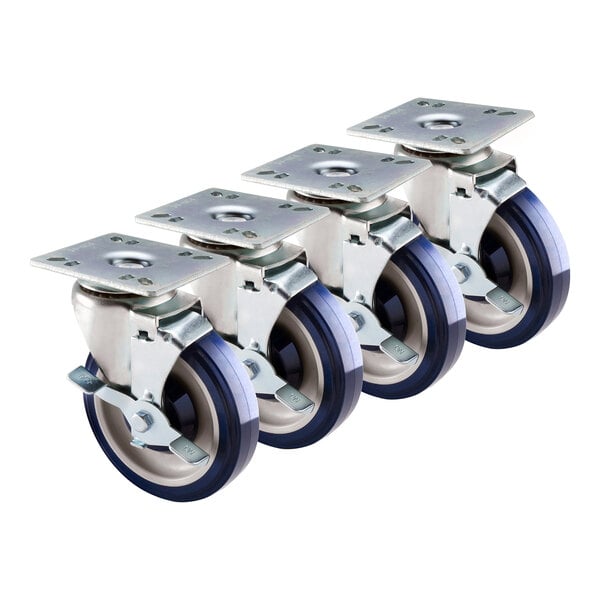 A row of Krowne Economy Series plate casters with blue and white wheels.