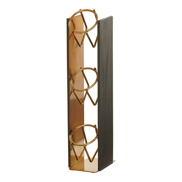 A black wood and brass metal 3-tier display stand with metal rings.